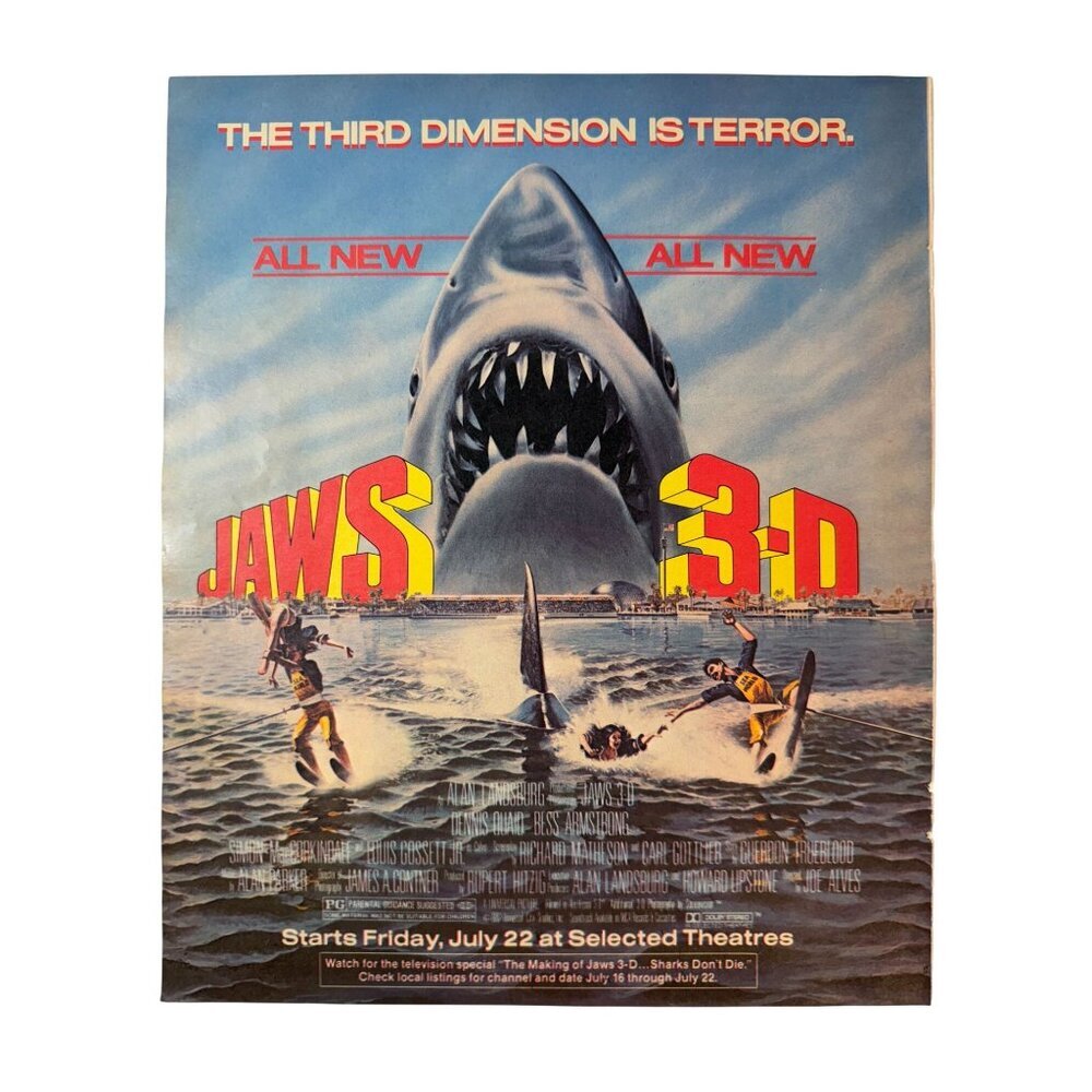 Vintage 1983 Jaws 3-D Movie Theater Advertisement Print Ad - Picture 1 of 3